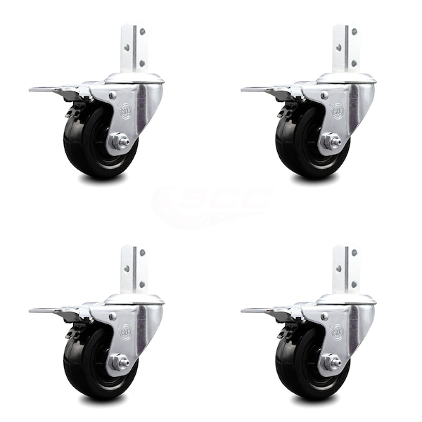 3 Inch Hard Rubber Wheel Swivel 7/8 Inch Square Stem Caster Set Total Lock Brake